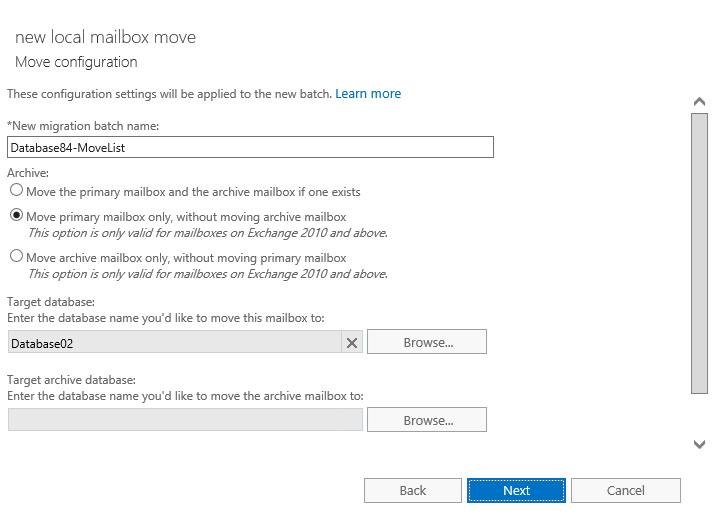 New Local Mailbox Move Configuration